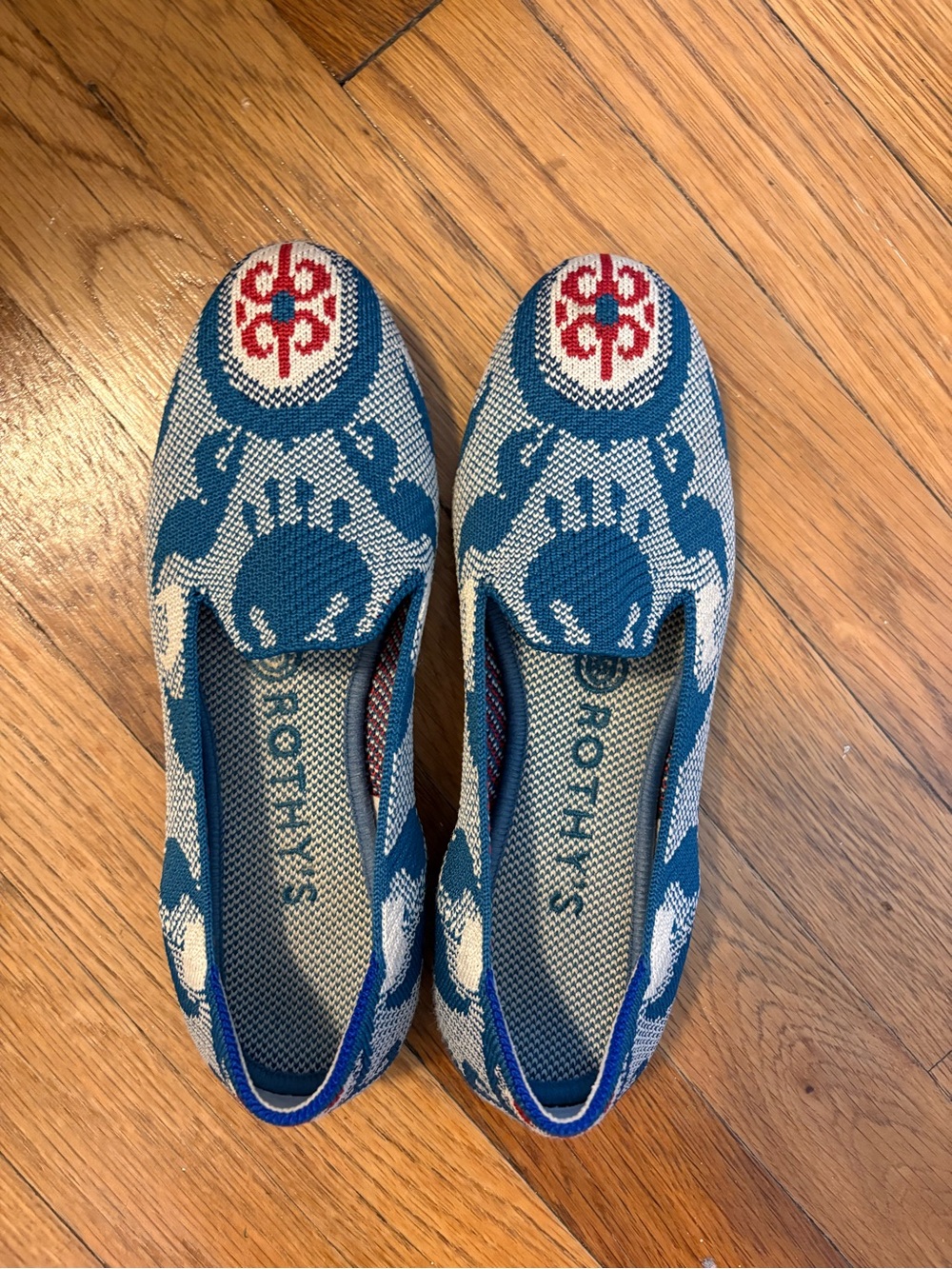 Rothy's Blue, Cream and Red Knit Slip-On Flats in Moroccan Blue